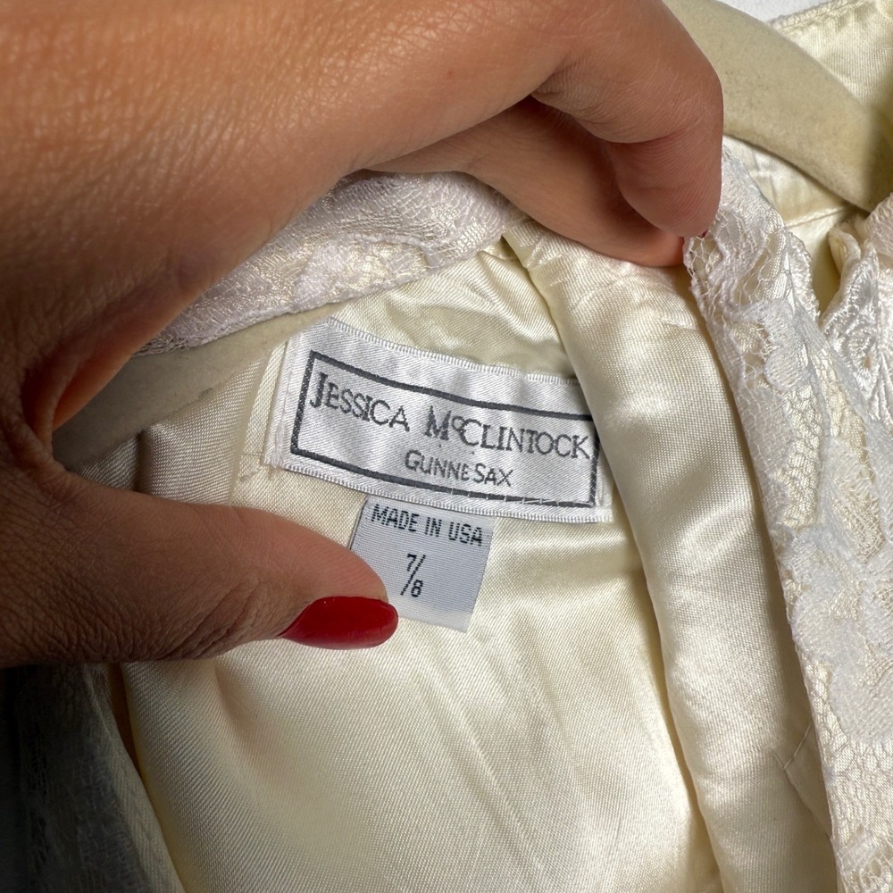 Jessica McClintock Gunne Sax Vintage Maxi Dress Cream Lace Black Formal Size 7/8